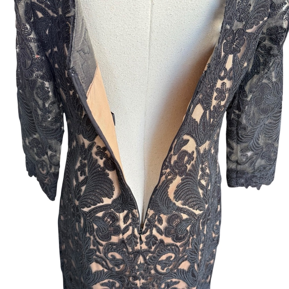 Tadashi Shoji Black Corded Embroidery Tulle 3/4 Sleeve Lace Dress Evening 12 - Picture 8 of 16